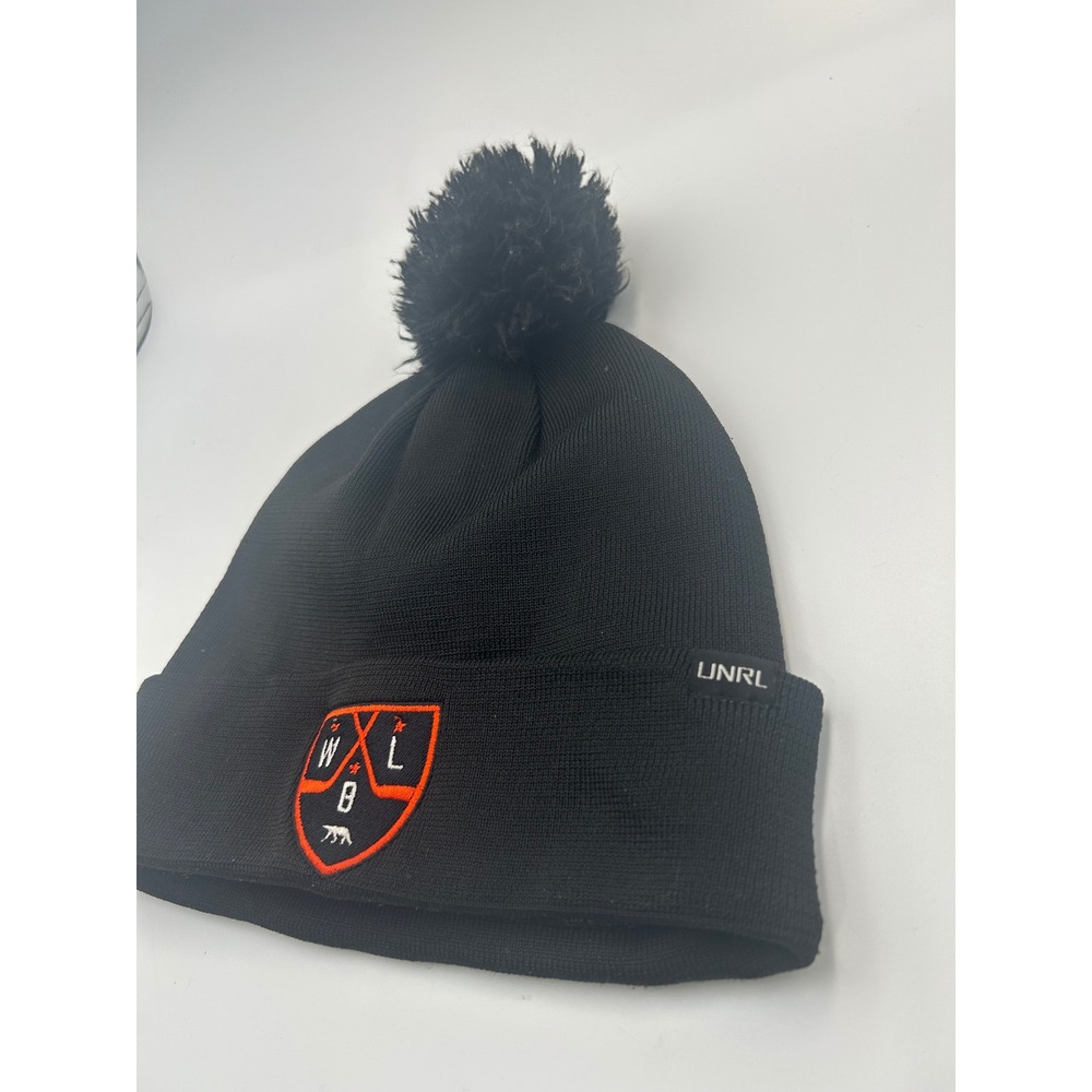 UNRL Black Knit Pom Beanie Hat Orange Shield Logo #18 Thermal Lining B914 - Picture 2 of 6